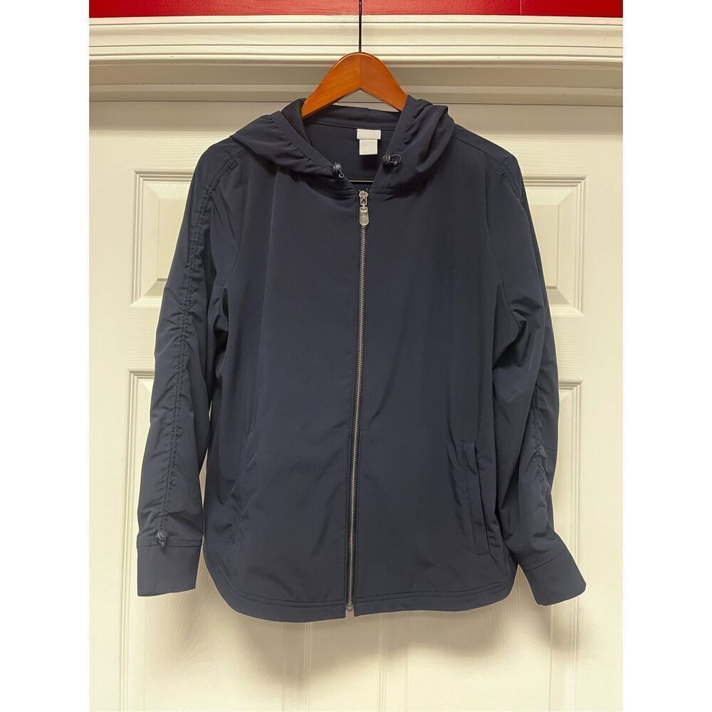 Chico’s Zenergy Navy Adjustable Ruched Sleeve Hooded Jacket sz 3 or 16/18 EUC